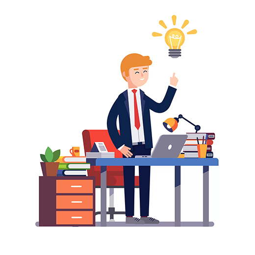 Business man entrepreneur in a suit stands happily having a new bright solution idea at his office desk. Modern colorful flat style vector illustration isolated on white background.