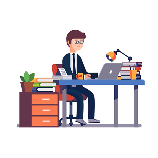 Business man entrepreneur in a suit working at his office desk. Modern colorful flat style vector illustration isolated on white background.